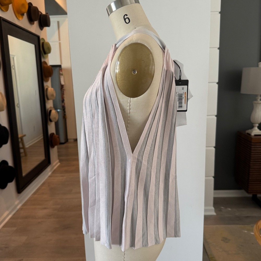 NWT Emporio Armani Knit Tank Top Silver Gray & Pink Striped Pleated Halter Blous - Picture 3 of 8